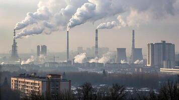 polluted city skyline covered in smog with factories and smokestacks emitting smoke. industrial landscape highlights environmental concerns and urban development photo