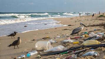 polluted beach with marine life struggling amidst plastic waste, highlighting environmental issues. scene captures impact of pollution on wildlife and natural beauty photo