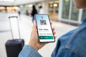 digital health passport displayed on smartphone, showing user name and vaccine details, with suitcase in background, symbolizes travel safety and health verification photo