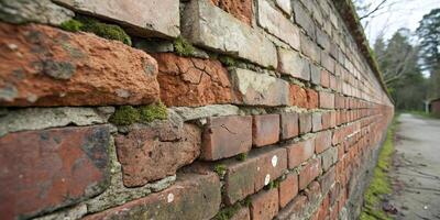 close up of old weathered brick wall with moss and cracks, showcasing texture and colors of bricks. wall runs alongside path in natural setting photo