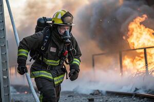 firefighter in action, showcasing determination and adrenaline while battling flames and smoke. scene captures intensity of firefighting efforts photo