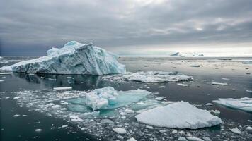 melting iceberg floating in ocean, symbolizing climate change and environmental issues. serene yet somber scene captures beauty and fragility of nature photo