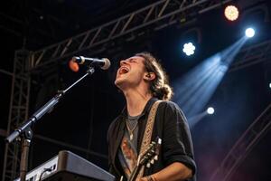 musician on stage passionately performing with microphone and guitar, immersed in music and energy of crowd. vibrant lights enhance atmosphere of live concert photo