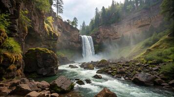 hidden waterfall nestled within deep gorge, surrounded by lush greenery and rocky terrain, creates serene and breathtaking natural landscape. mist rises from cascading water, enhancing tranquil photo