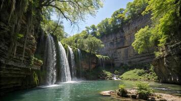 stunning waterfall cascading into serene pool, surrounded by lush greenery and majestic cliffs. vibrant trees and tranquil water create peaceful natural oasis photo