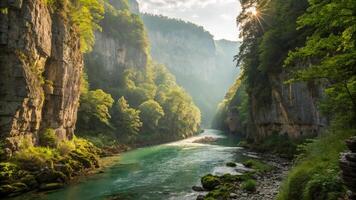 breathtaking view of deep gorge covered in lush greenery, with sunlight filtering through trees and reflecting on tranquil river below. scene evokes sense of peace and natural beauty photo