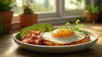 Breakfast platter with fried egg, bacon, avocado, and herbs photo