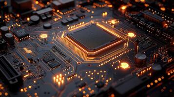 Close-up of a glowing computer circuit board with central processor photo