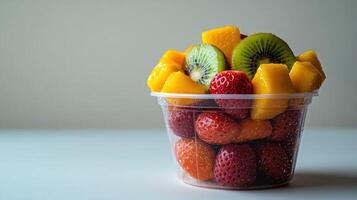 Colorful fruits salad in a plastic container photo