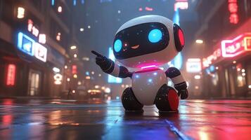 Cute robot points in neon-lit city photo