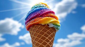 Colorful ice cream cone under sunny sky photo