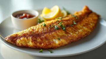 Crispy pan-fried fish fillet with sauce and lemon photo