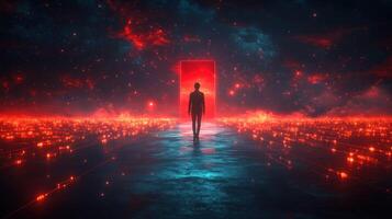 A figure walks through a vibrant portal photo