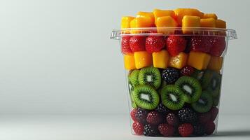 Colorful fruit salad in a clear plastic container photo