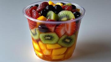 Colorful fruit salad in a plastic container photo