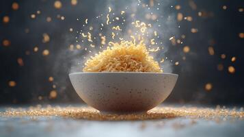 Bowl of steaming noodles photo