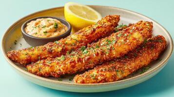 Crispy, golden fish fillets served with a flavorful sauce photo