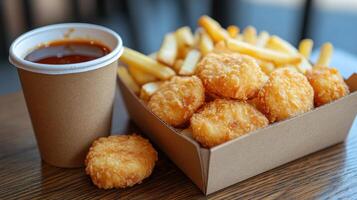 Crispy fried nuggets and fries with a drink photo