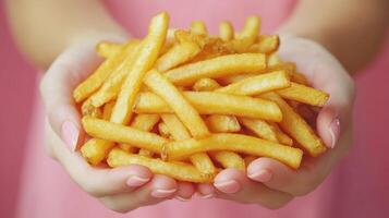 Crispy golden french fries held in hands photo