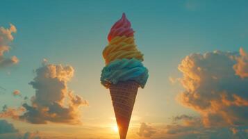 Colorful ice cream cone against sunset sky photo