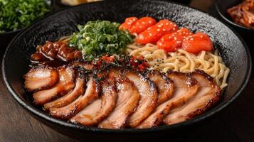 Delicious Asian noodle dish with grilled pork photo