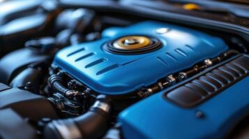 Close-up of a vibrant blue engine bay photo