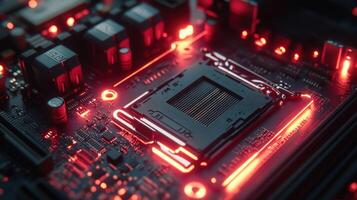 Close-up of a glowing computer motherboard with a central processing unit photo