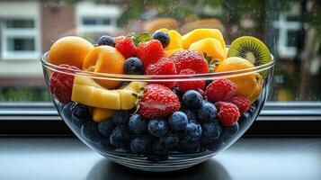 Colorful fruit salad in glass bowl photo