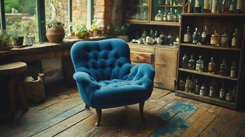 Cozy blue armchair in rustic room photo