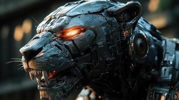 Cybernetic feline head, menacing robotic beast photo