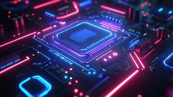 Close-up of glowing circuit board with processor photo