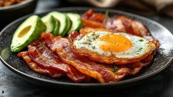 Crispy bacon, sunny-side-up egg, and avocado breakfast photo