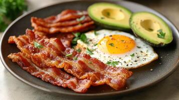 Crispy bacon, sunny-side-up egg, and avocado breakfast 1 photo