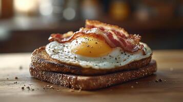Crispy bacon, sunny-side-up egg on toasted bread photo