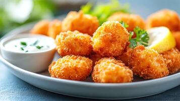 Crispy, golden-brown, bite-sized food with creamy dip photo
