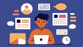 Social Media Algorithms A person scrolling through a news feed filled with similar content while diverse opinions are hidden indicating biases affecting the information people. vector