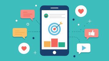 Targeted Ad Feed A smartphone screen displaying a social media feed with highlighted posts that match the users interests surrounded by abstract data analysis symbols.. vector