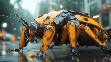 Cybernetic insect robot in urban rain photo