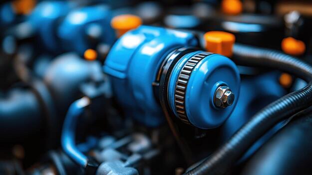 Close-up of a vibrant blue engine component photo