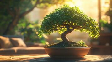 Bonsai tree in a pot, sunlit photo
