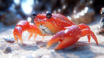 Adorable red crab on sandy shore photo