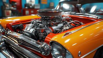 Classic orange car engine bay photo