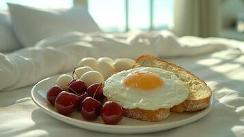 Breakfast in bed, eggs, toast, fruit photo