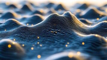 Abstract digital landscape, data points forming hills photo