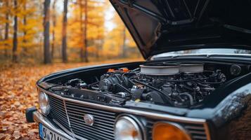 Classic car engine bay, autumnal scenery photo