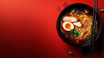 Delicious bowl of ramen red background photo