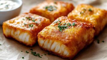 Crispy fried fish fillets, served with a side of creamy sauce photo