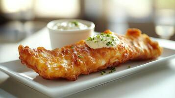 Crispy fried fish fillet with creamy sauce photo