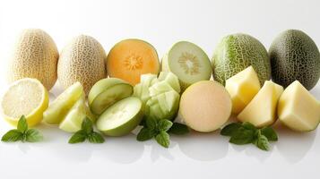Assorted melon and cucumber slices with lemon photo