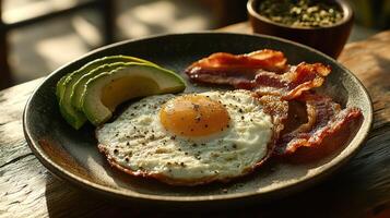 Breakfast with fried egg, bacon, and avocado photo
